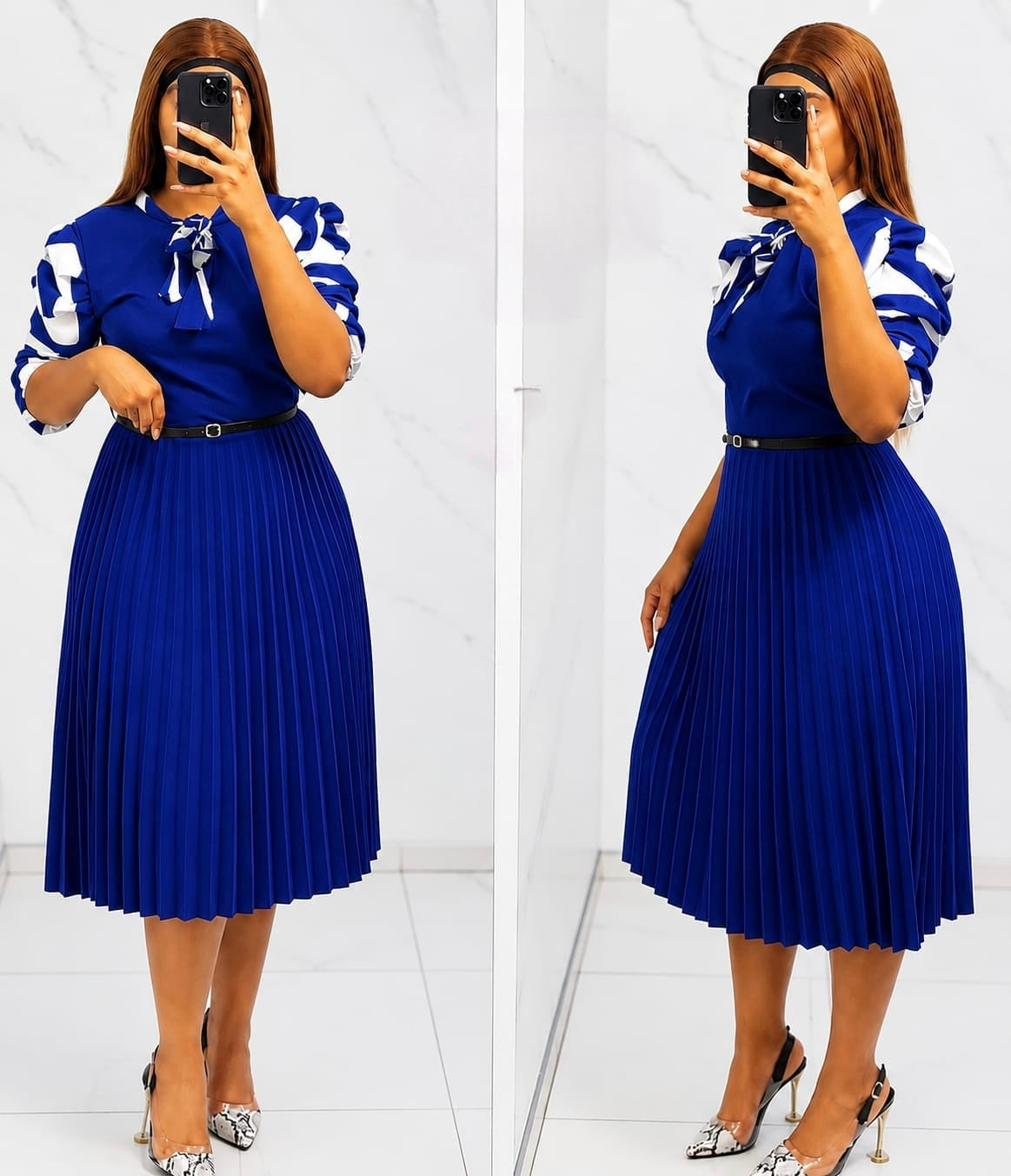 Solid blue pleated midi dress with puff sleeves, ribbon accents, defined waistline, and flowing skirt.