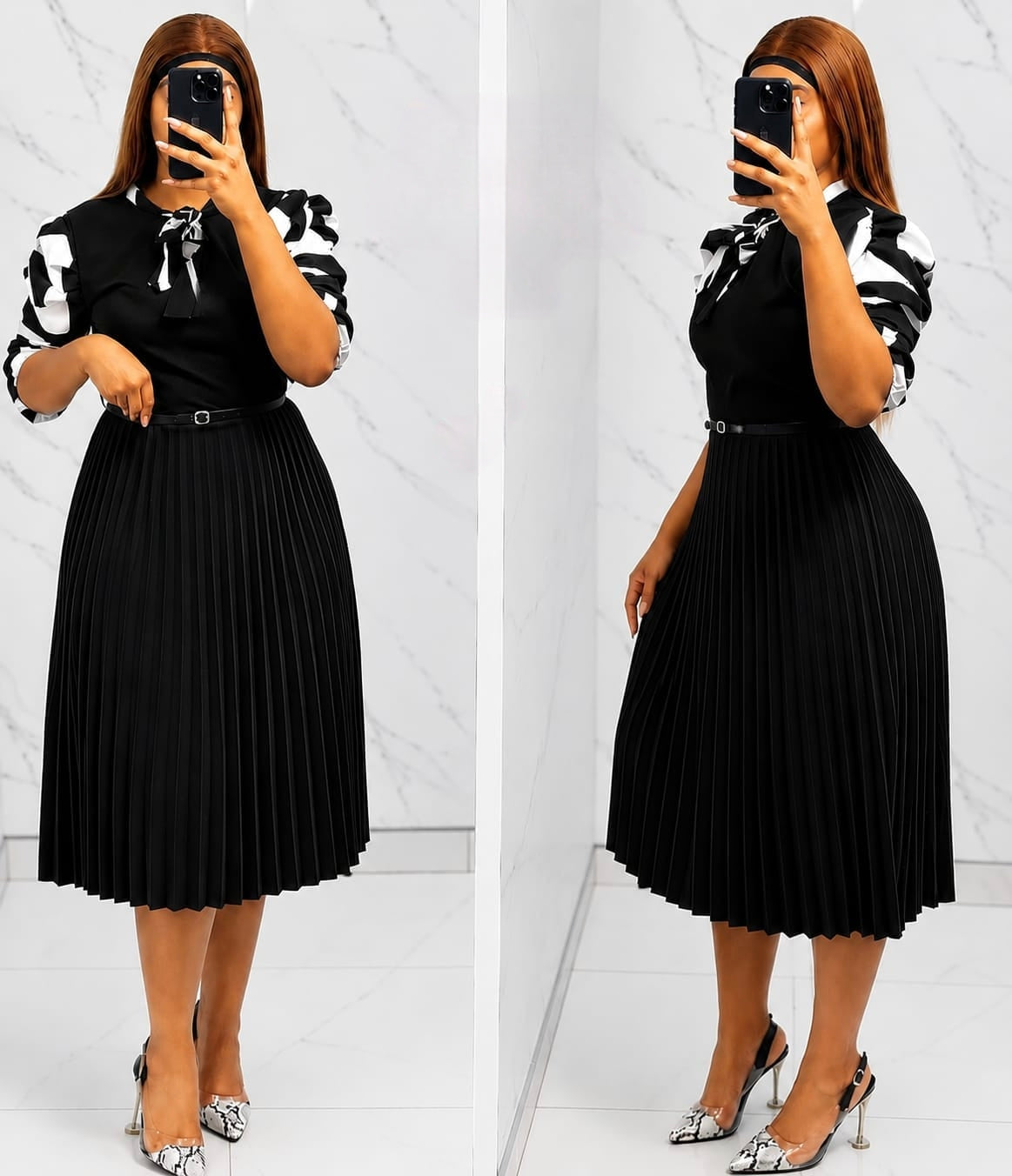 Pleated midi dress featuring puff sleeves, ribbon accents, a defined waistline, and a flowing skirt.