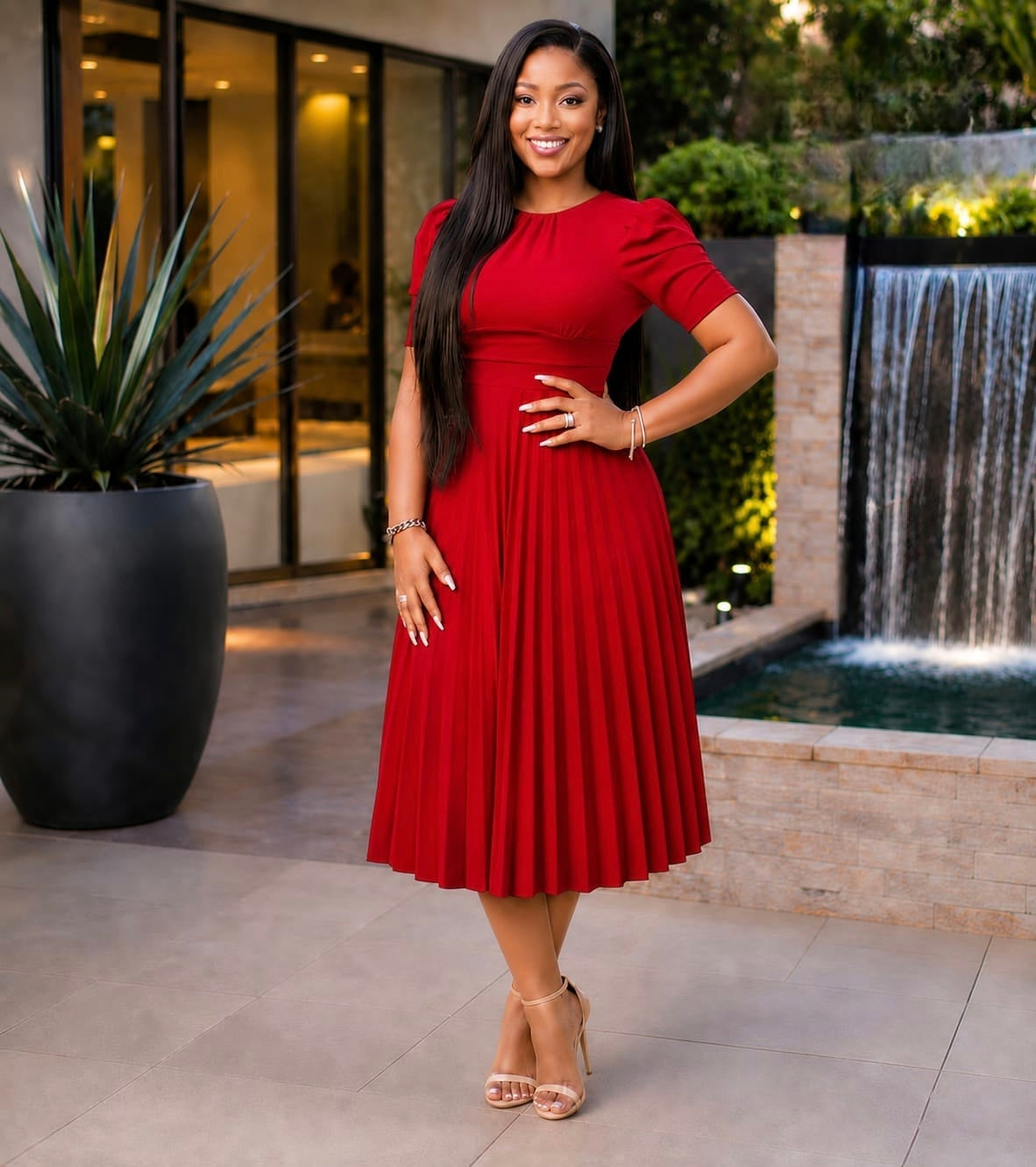 Solid red Pleated Elegance Midi Dress with structured bodice and softly puffed short sleeves, showcased outdoors.