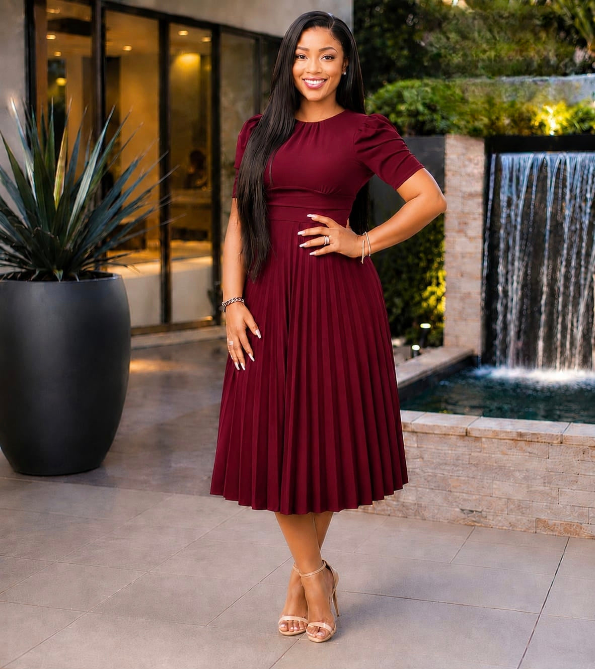 Model wearing a deep burgundy Pleated Elegance Midi Dress with a structured bodice, puffed sleeves, and pleated skirt outdoors.