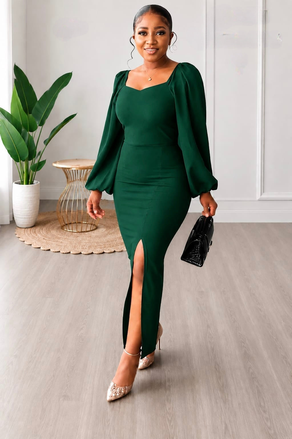Elegant puff-sleeve slit maxi dress in deep green, featuring a sweetheart neckline and thigh-high front slit.