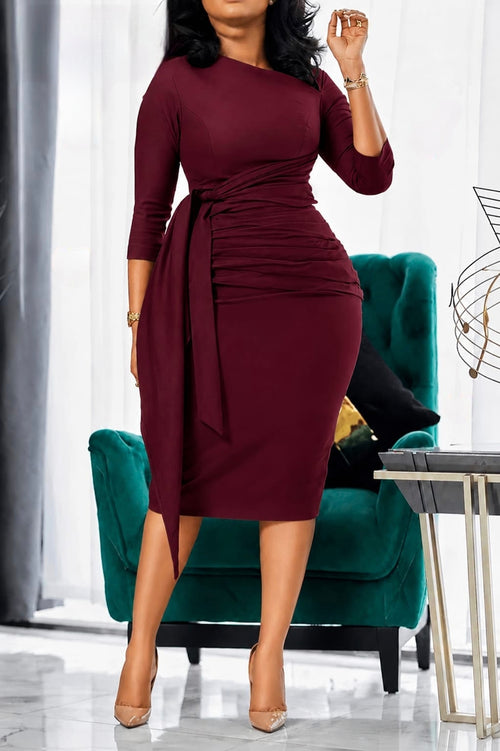 Burgundy Elegant Ruched Waist Midi Dress with three-quarter sleeves, flowing side sash, and model wearing heels.