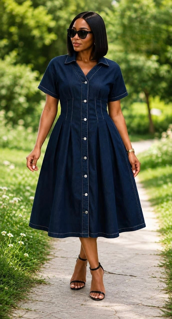 Button-front midi dress with structured bodice, flared skirt, classic collar, and short sleeves in an outdoor setting.