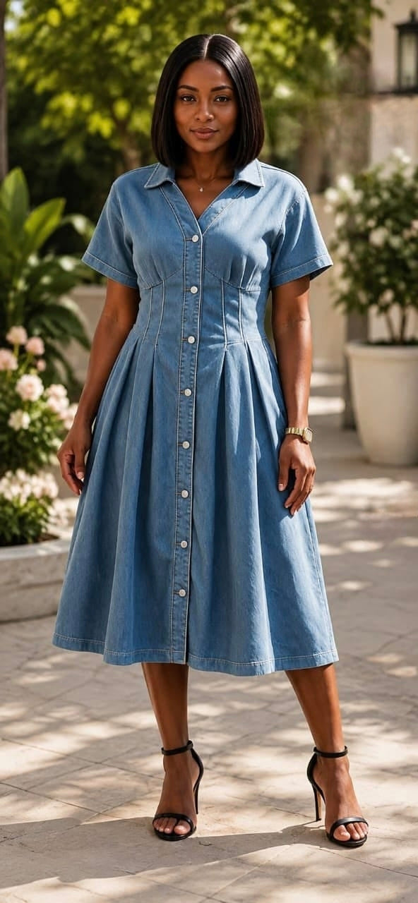 Button-front midi dress with structured bodice, short sleeves, flared skirt, and classic collar in dark blue denim.