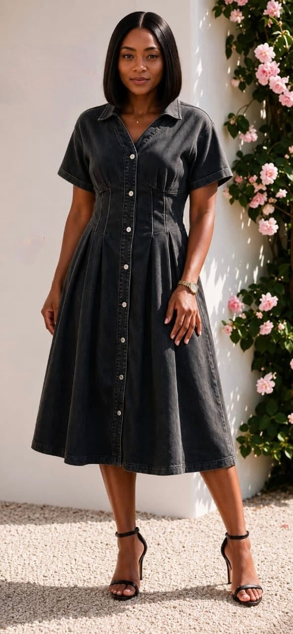 Model wearing the Button-Front Fit & Flare Midi Dress KT with a structured bodice, flared skirt, and floral background.