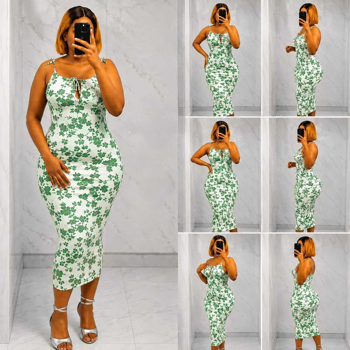 Floral print bodycon midi dress with square neckline and adjustable spaghetti straps.