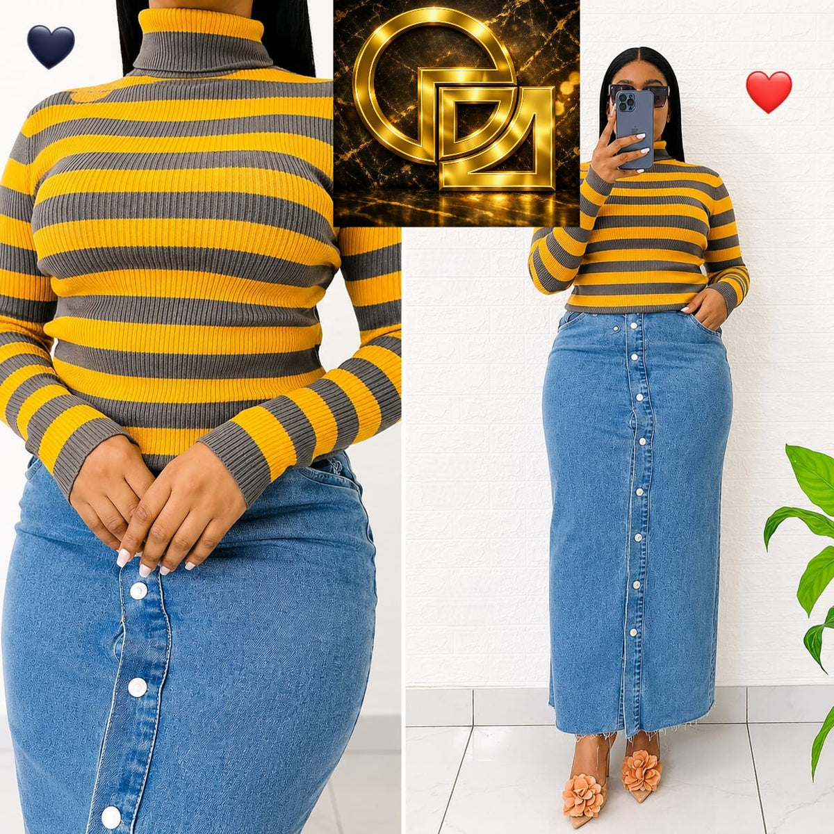 Women's Striped Ribbed Knit Polo-Neck Long-Sleeve Top