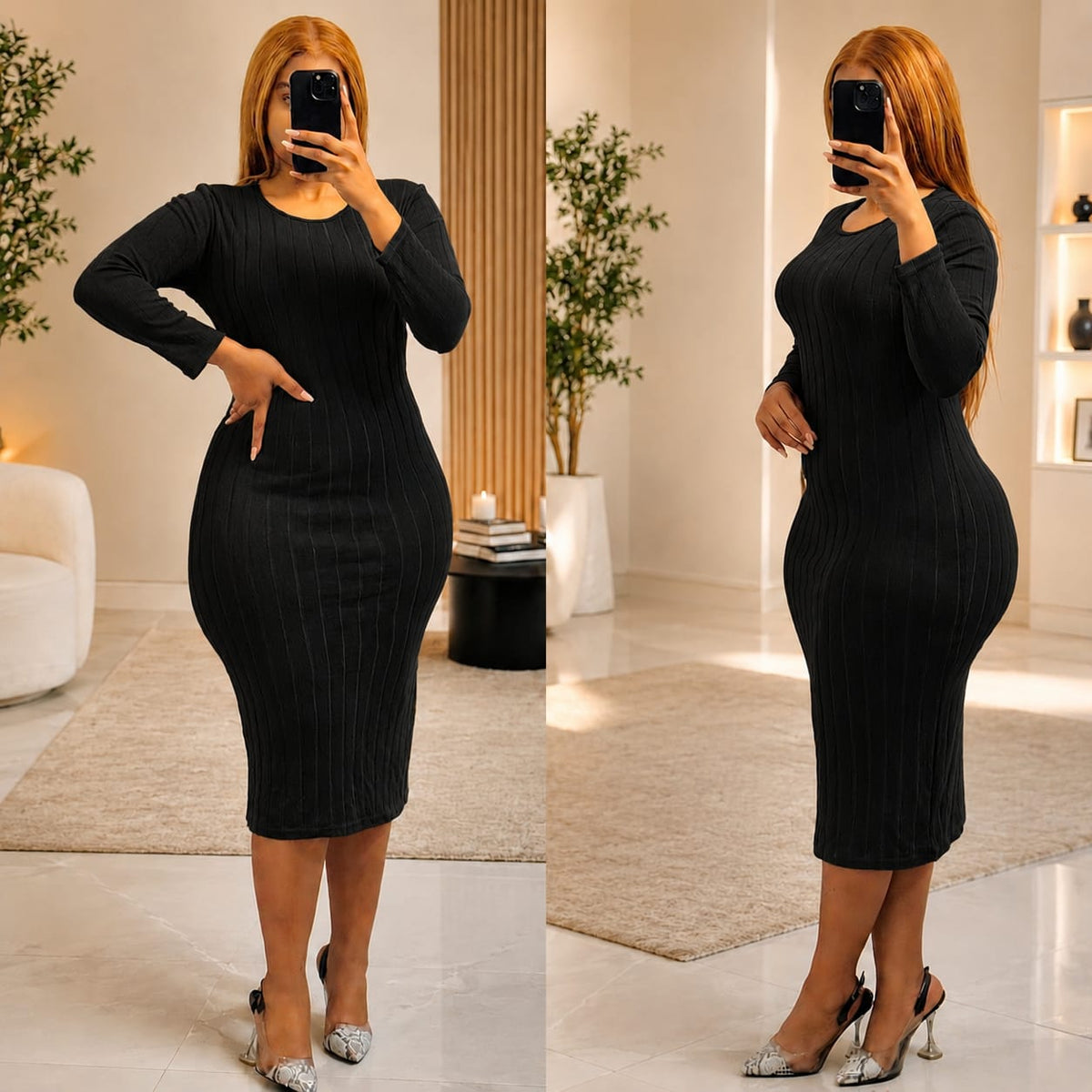 Black ribbed knit bodycon midi dress with long sleeves and round crew neckline, styled with heels.