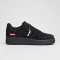 Nike Air Force 1 Low Triple Black Suede Supreme with red Supreme box logo and silver lace charm | Ovadue