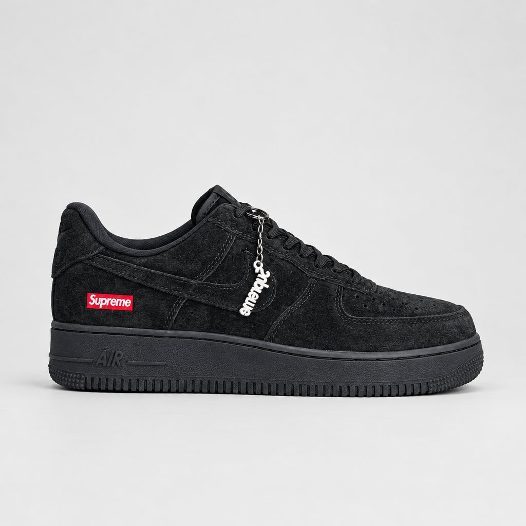 Nike Air Force 1 Low Triple Black Suede Supreme with red Supreme box logo and silver lace charm | Ovadue