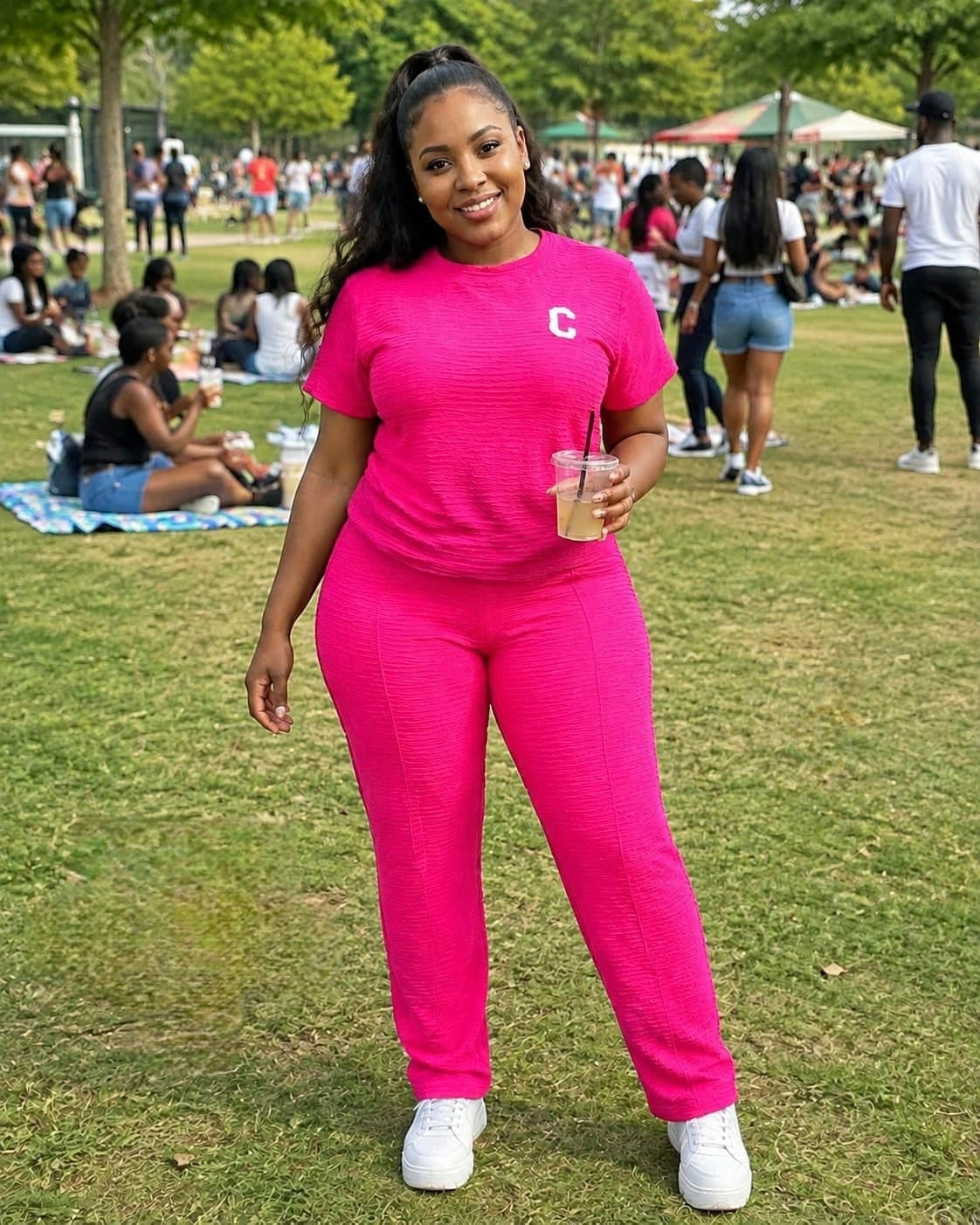Model wearing a vibrant pink textured two-piece lounge set with a bold 'C' emblem, paired with white sneakers outdoors.