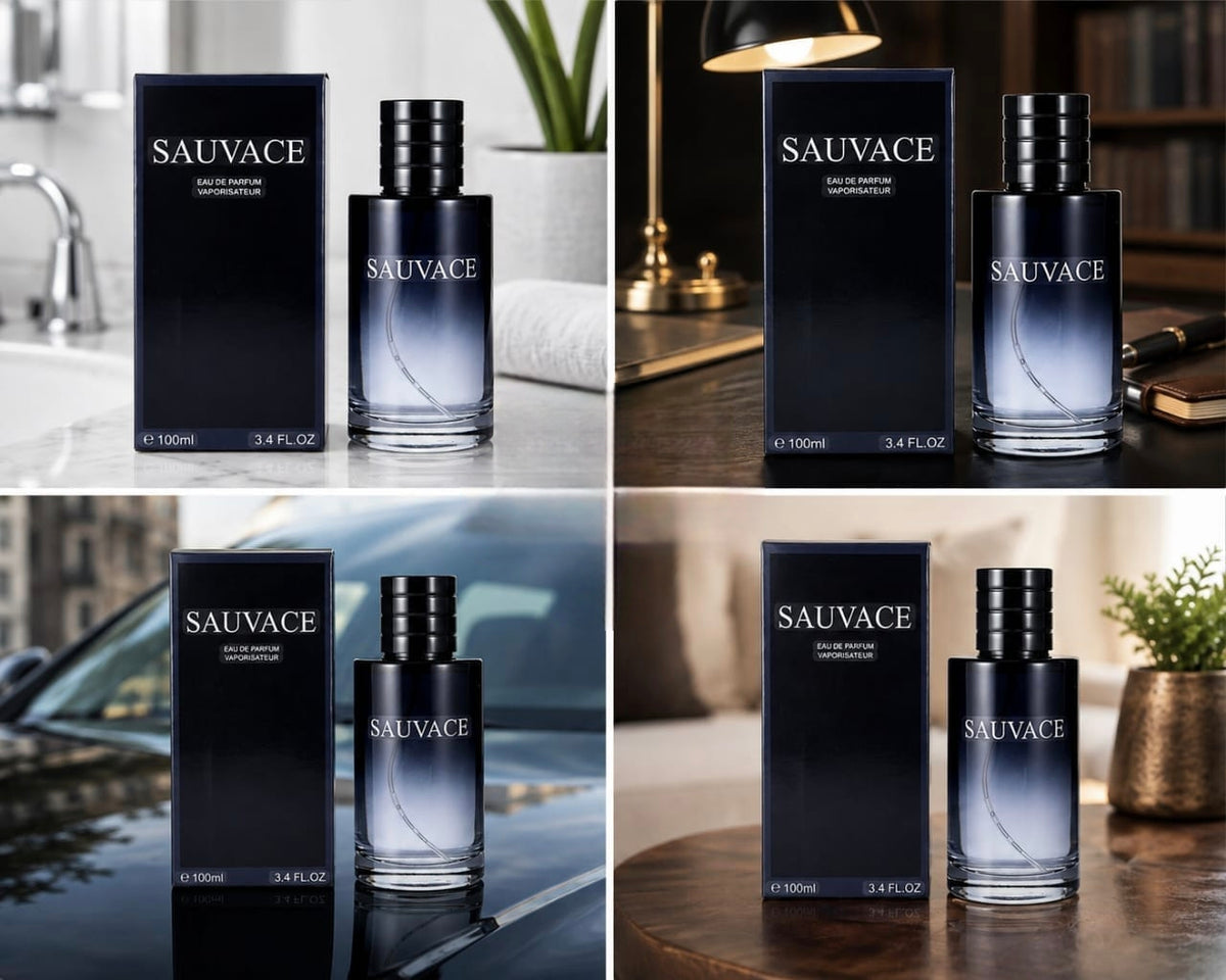 Clear glass bottle of SAUVACE Eau de Parfum with dark cap, presented in a sleek dark box, showcasing versatility.