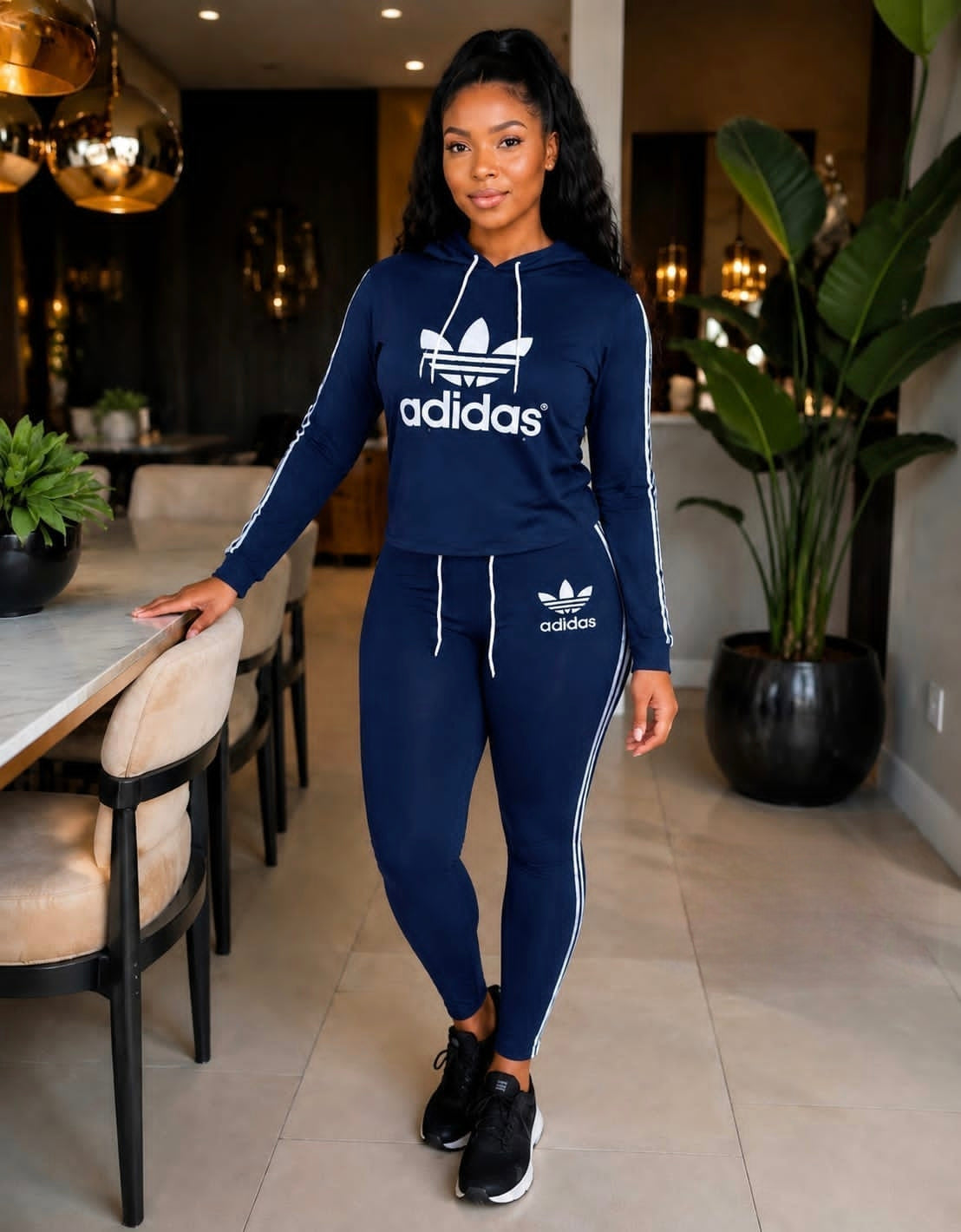 Navy blue Adidas tracksuit set featuring a hoodie with drawstring closure and joggers with side stripes.