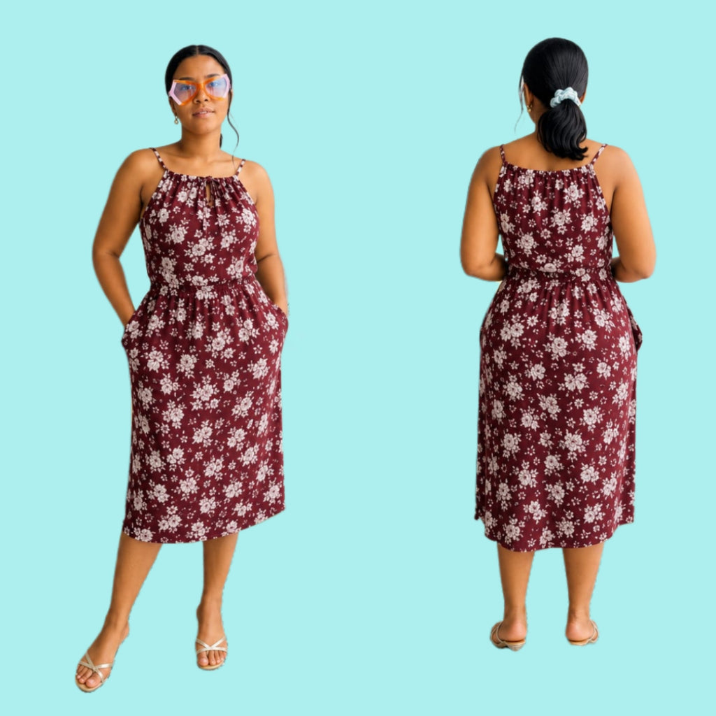 Fitted bodycon midi dress with floral print, spaghetti straps, gathered neckline, and side pockets.