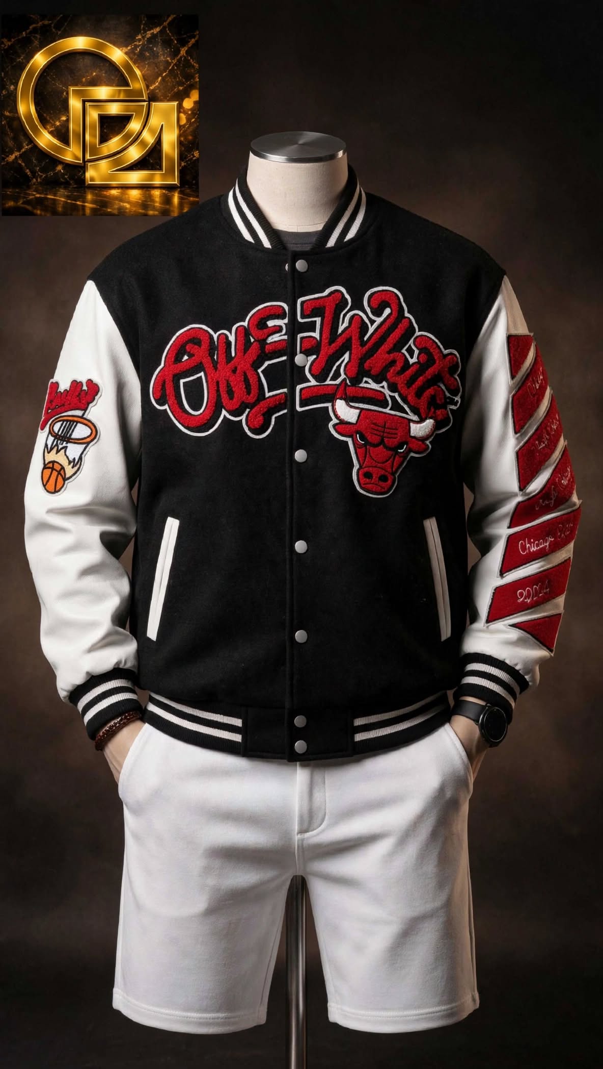 Bulls Colourblock Wool-Blend Varsity Letterman Jacket with Faux-Leather Sleeves