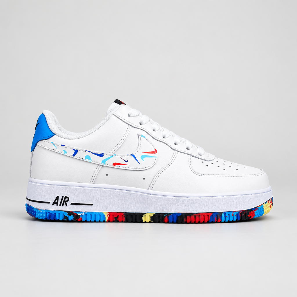 Nike Air Force 1 Low White Multi-Color Marble with Photo Blue accents and multicolour marble-effect outsole