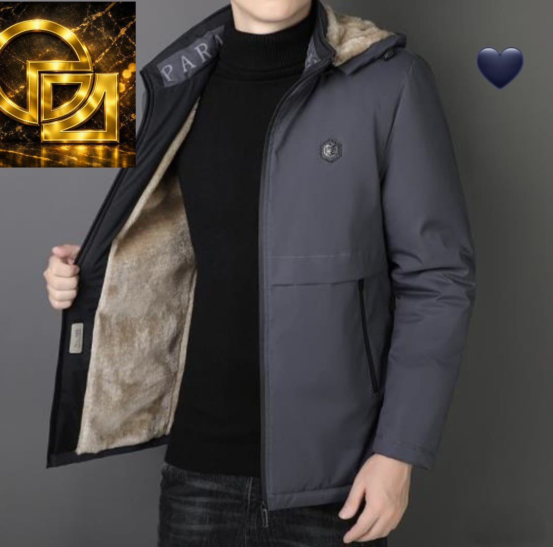 Men's Hooded Winter Jacket with Thick Fleece Lining