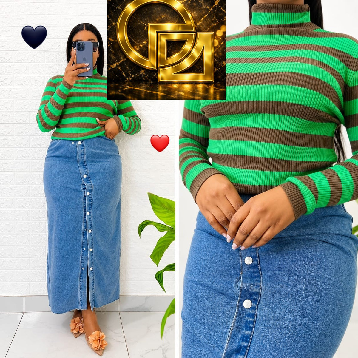 Women's Striped Ribbed Knit Polo-Neck Long-Sleeve Top