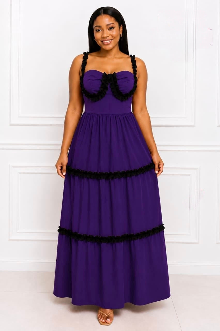 Purple Tiered Ruffle Maxi Dress KT with black ruffles and delicate straps, showcasing flowing layers and a structured bodice.