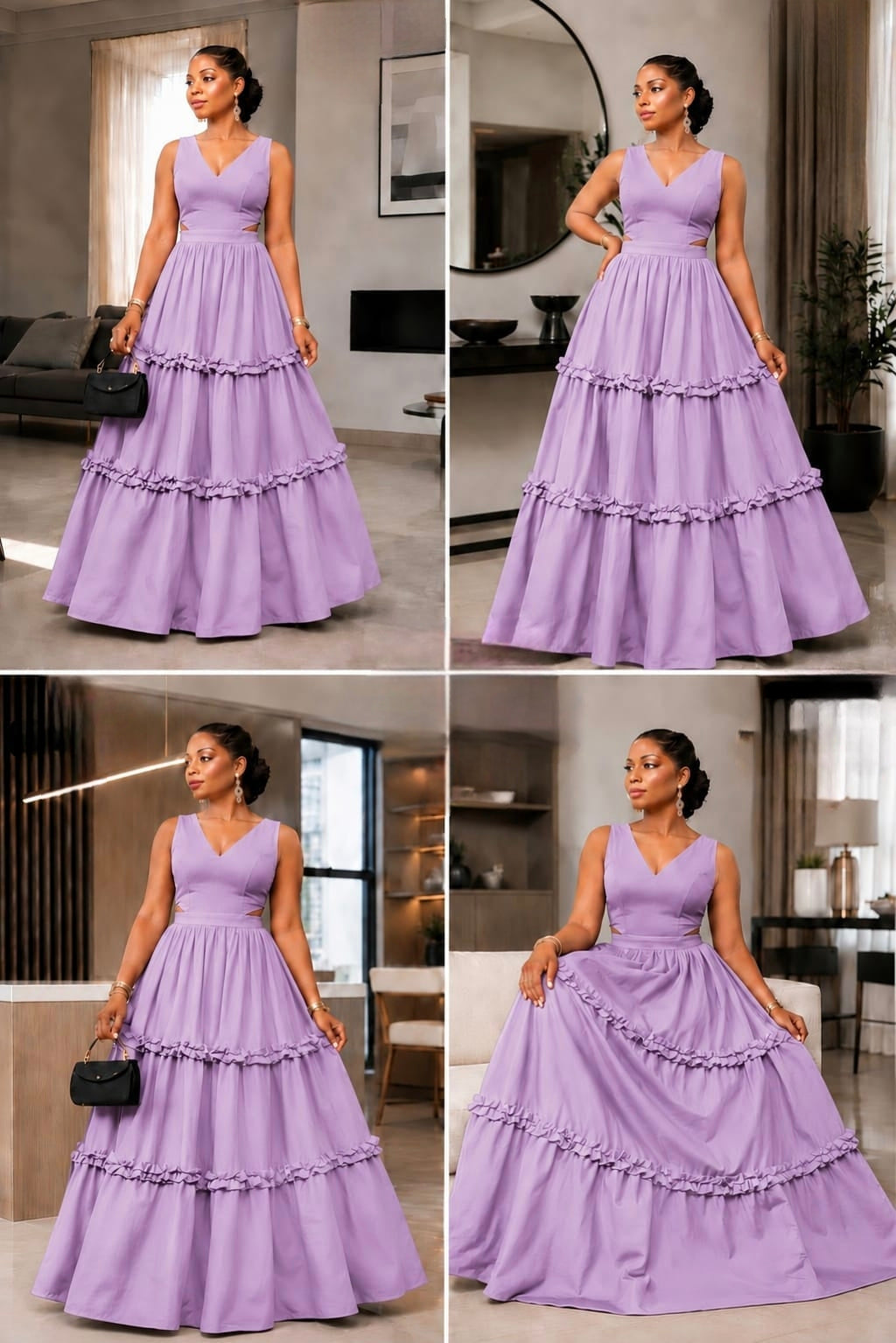 Lavender sleeveless maxi gown with V-neckline and tiered ruffle skirt, styled indoors.