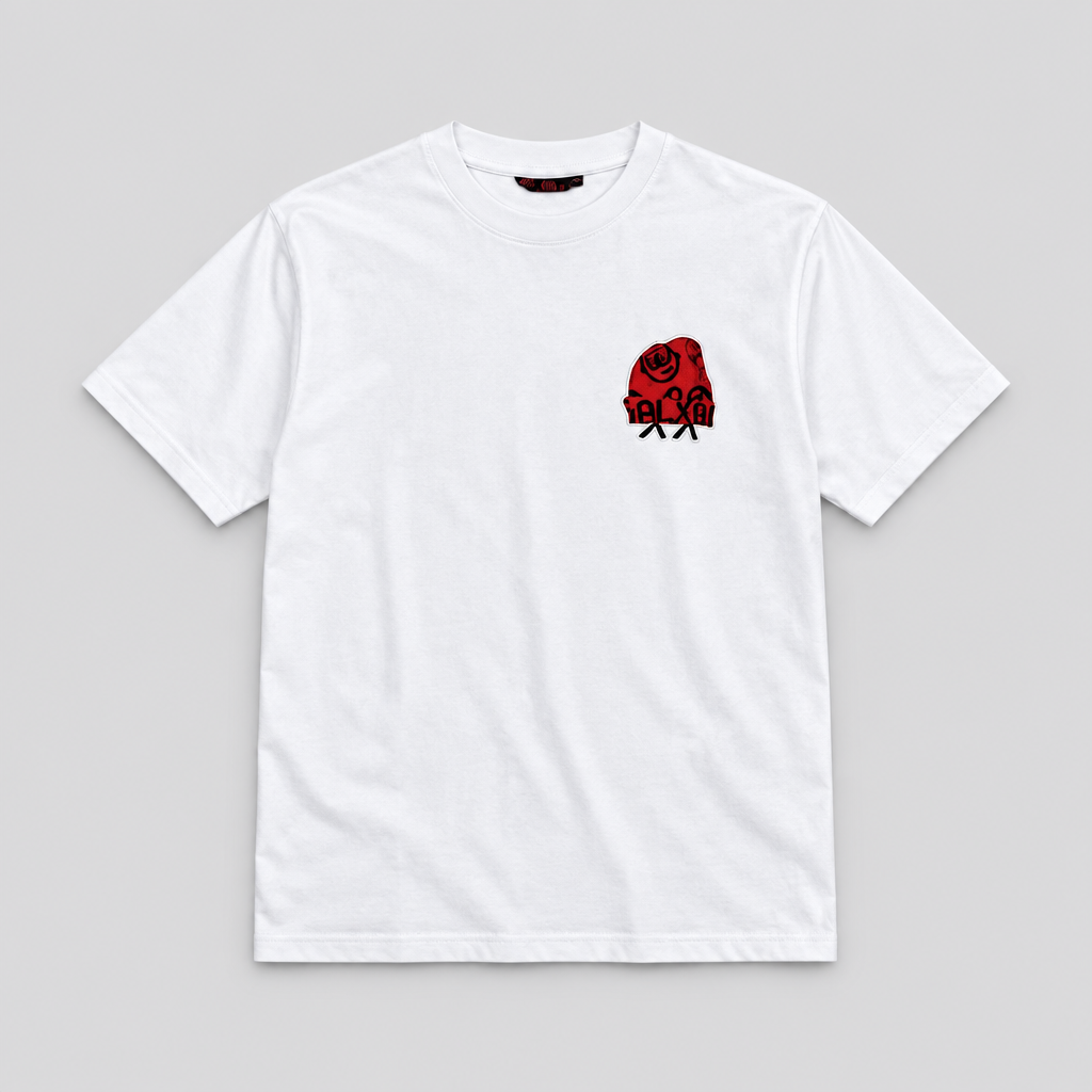 Galxboy Left-Chest Graphic Tee in white with a small red and black rose-inspired chest graphic and white die-cut outline