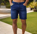 Men's dark blue denim shorts with a slim fit, above-knee length, classic 5-pocket design, and subtle whisker fading.