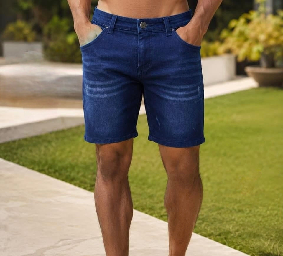Men's dark blue denim shorts with a slim fit, above-knee length, classic 5-pocket design, and subtle whisker fading.