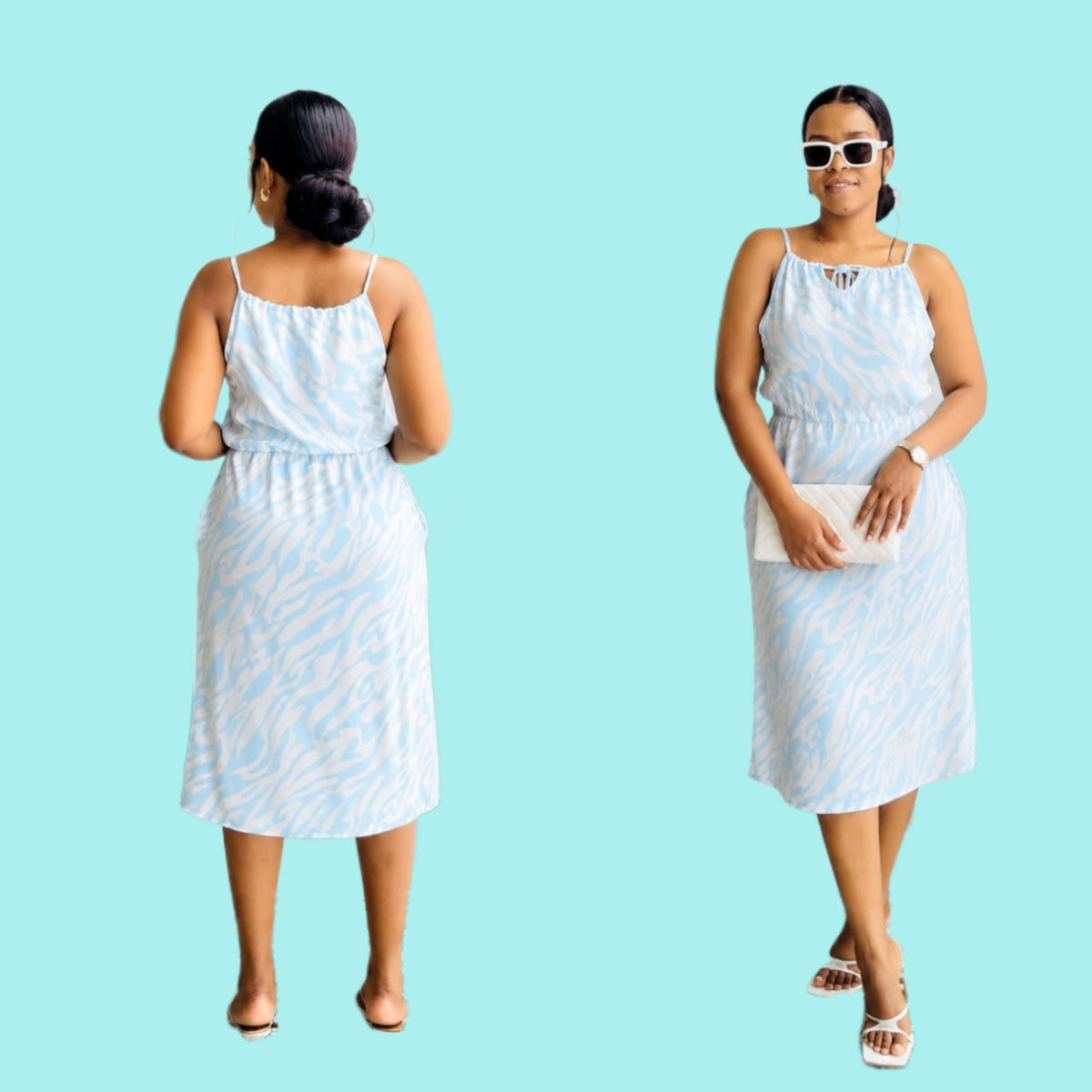 Fitted bodycon midi dress in light blue with abstract animal print, featuring thin spaghetti straps and side pockets.