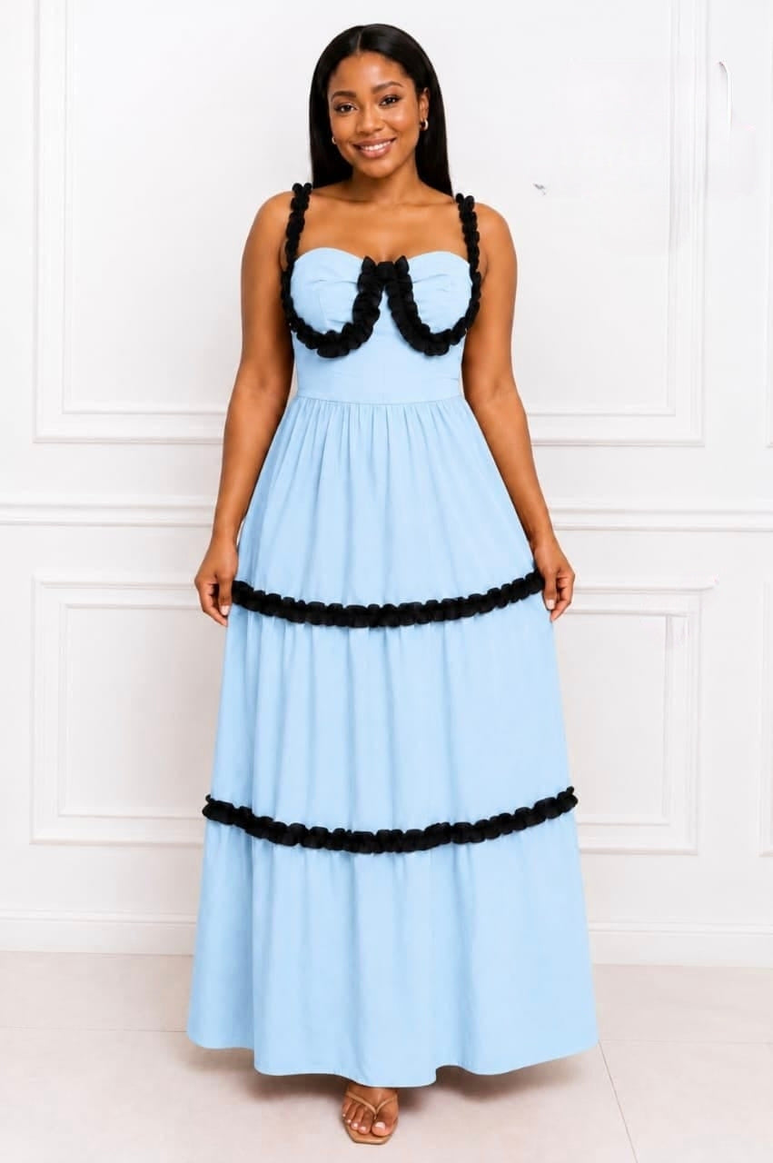 Light blue Tiered Ruffle Maxi Dress with black ruffle detailing, structured bodice, sweetheart neckline, and delicate straps.