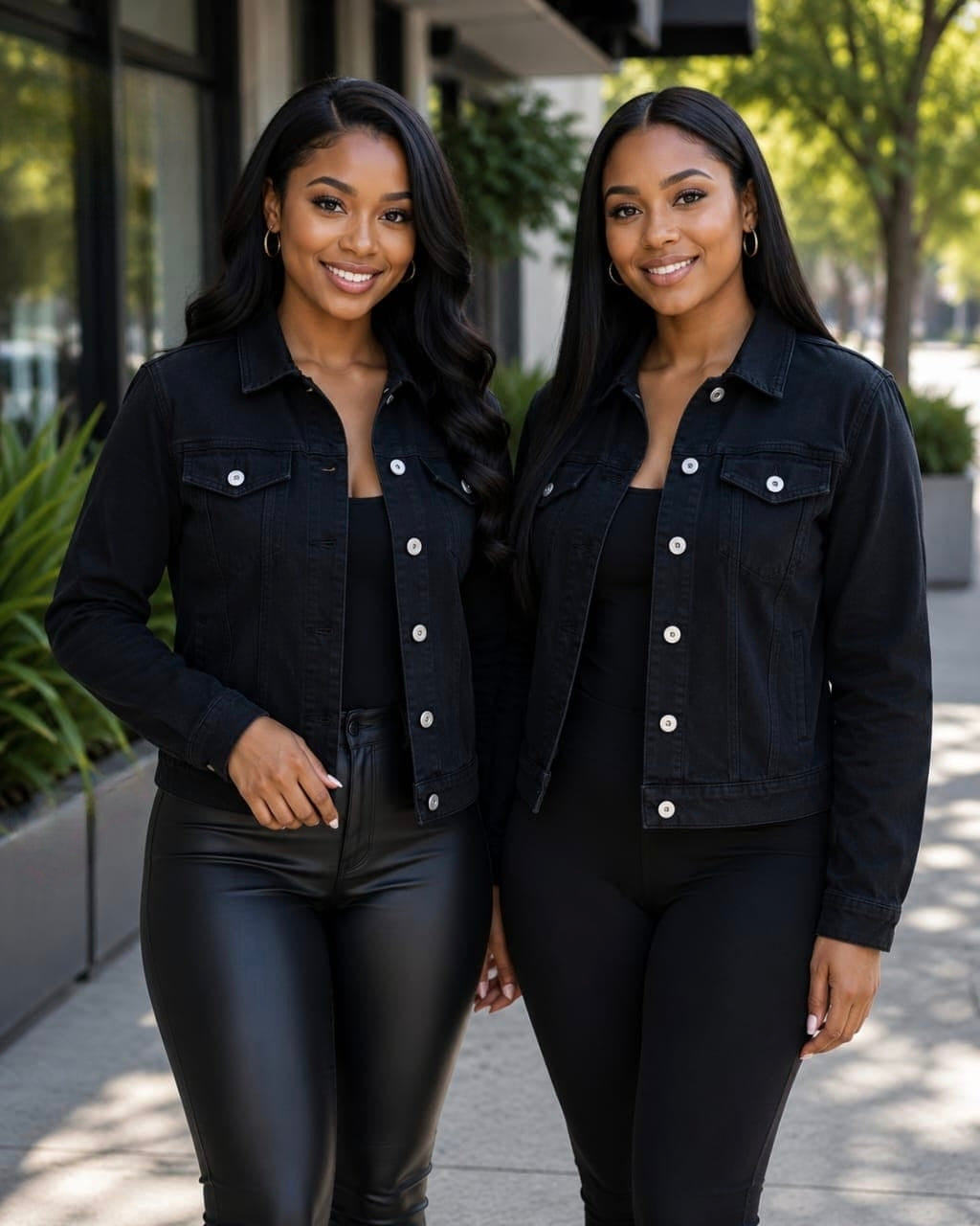 Two models wearing a black Classic Denim Jacket KT with a structured silhouette and flap chest pockets in an outdoor setting.