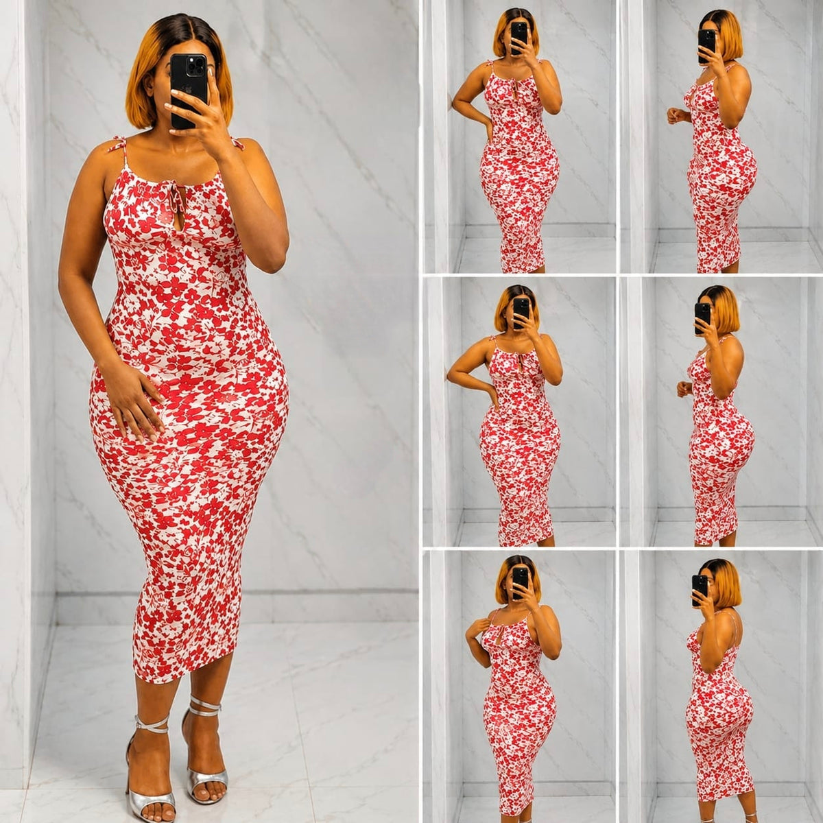 Floral print bodycon midi dress with square neckline and adjustable spaghetti straps.