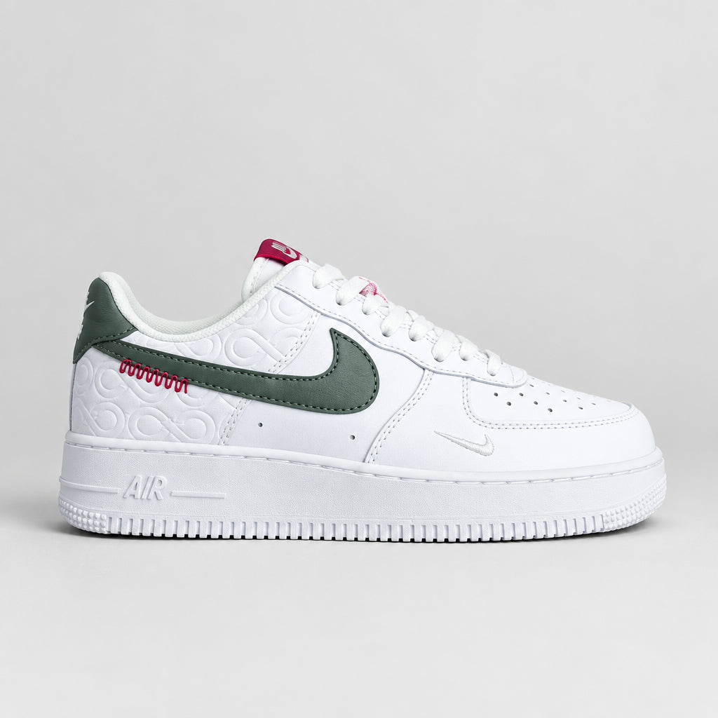 Nike Air Force 1 Low white leather sneakers with olive-green Swoosh, pink accents and white sole