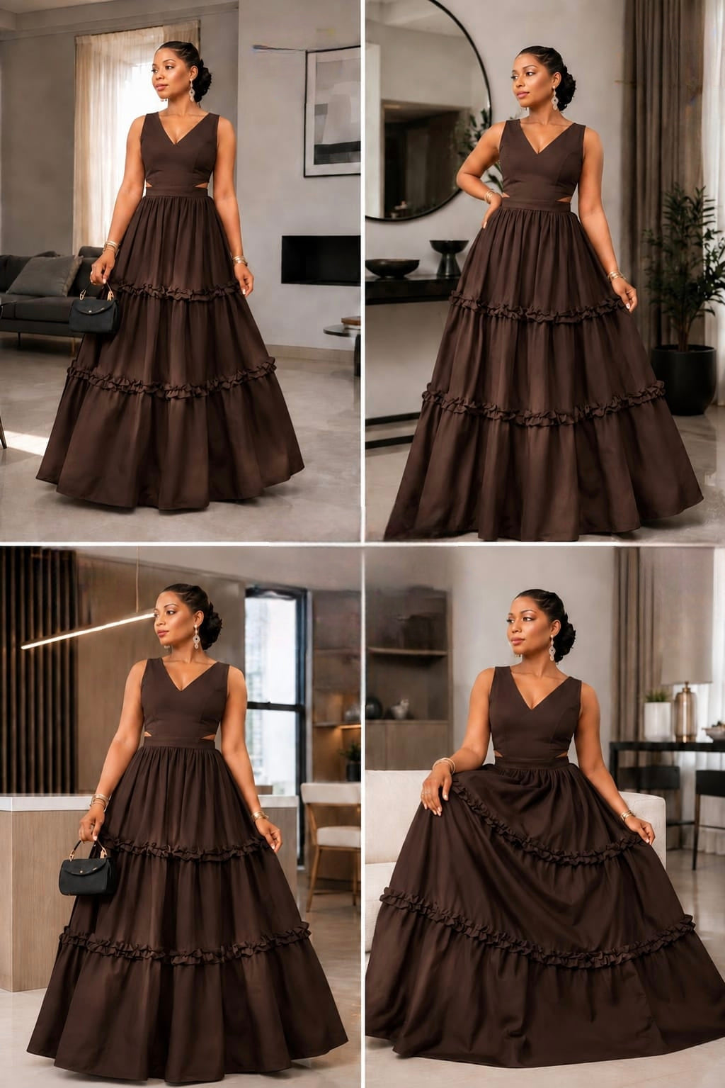 Sleeveless V-neck gown in rich brown with a tiered skirt and ruffle detailing, styled elegantly with a handbag.