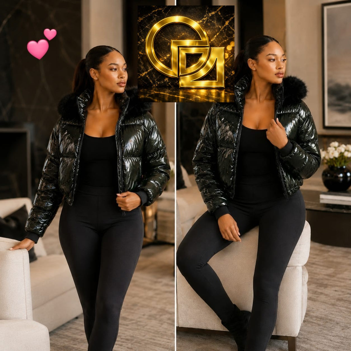 Women's Glossy Cropped Puffer Jacket with Faux-Fur Hood
