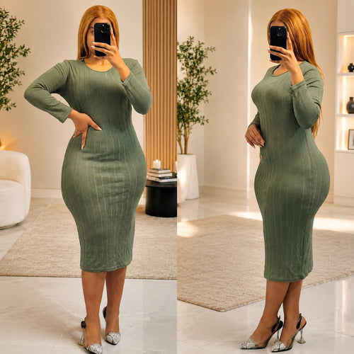 Chic black ribbed knit bodycon midi dress with long sleeves, featuring a flattering fit and vertical ribbed detail.