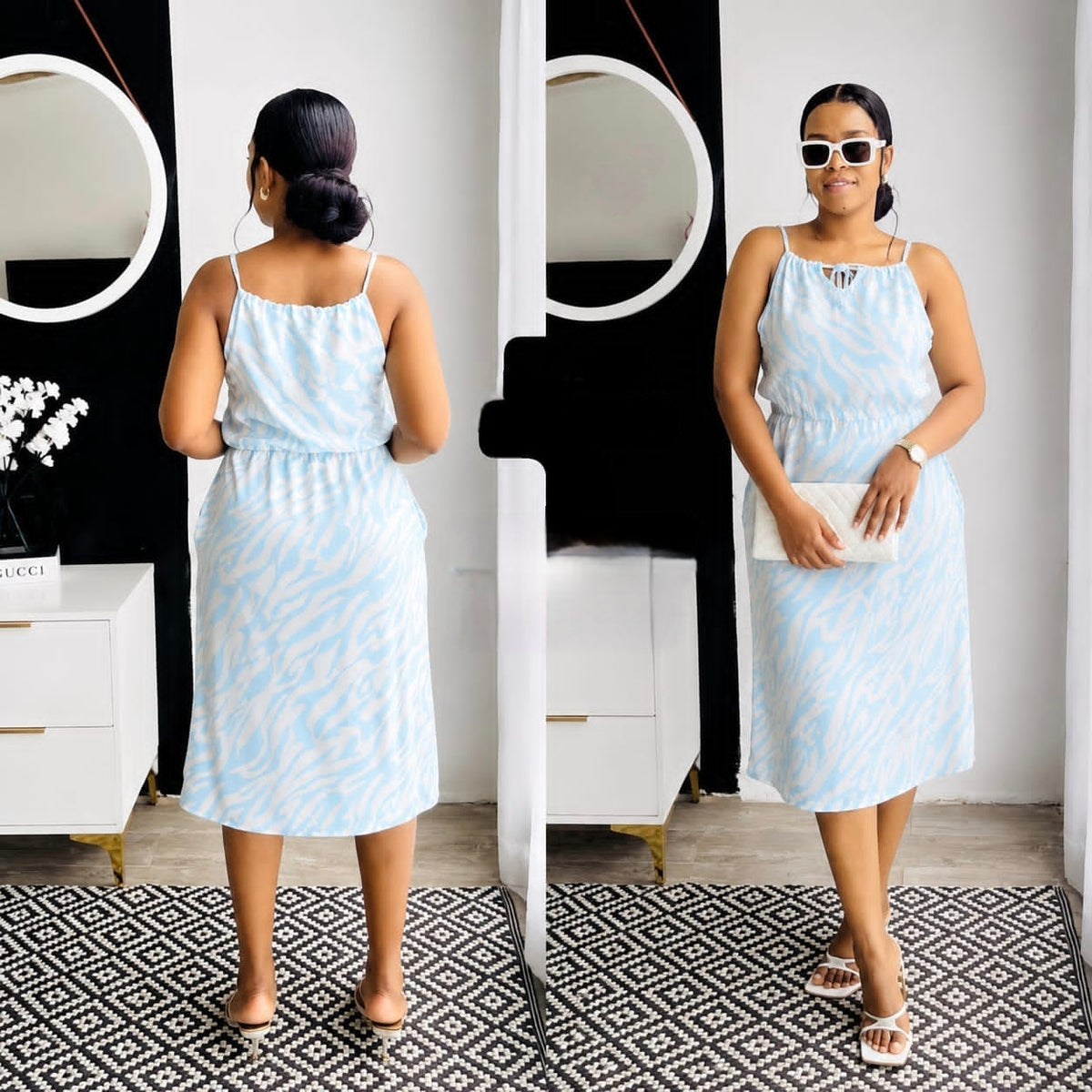 Light blue sleeveless midi dress with halter neck, keyhole detail, spaghetti straps, and side pockets.