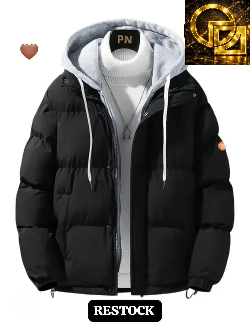 Men's Black Puffer Jacket with Grey Hood