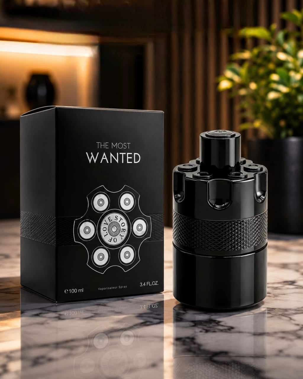Black bottle of The Most Wanted eau de Parfum with a textured band and gear-like cap, packaged in a sleek black box.