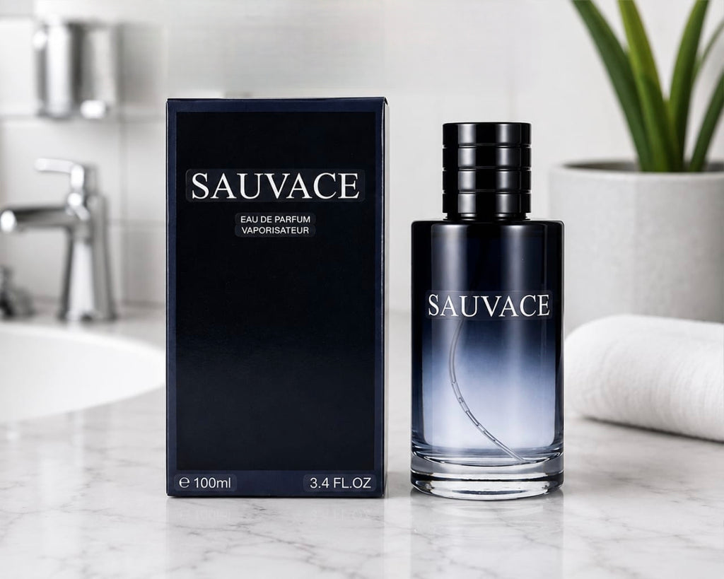 Clear SAUVACE Eau de Parfum bottle in a dark box, set in a bathroom with a towel and plant.