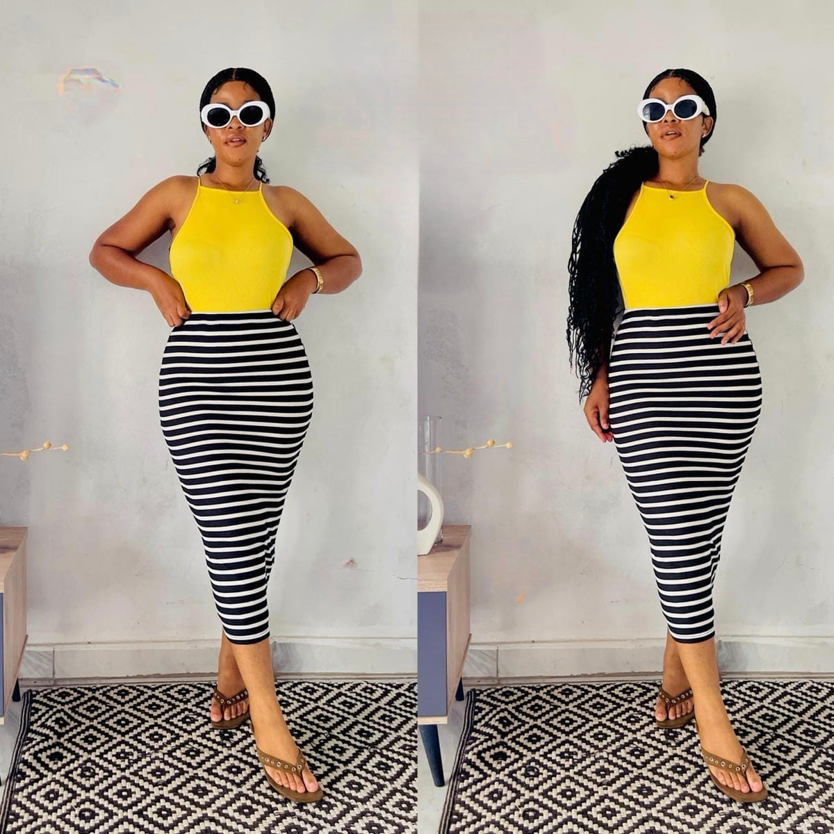 High-waisted striped bodycon midi skirt paired with a solid yellow top, showcasing a summer look.