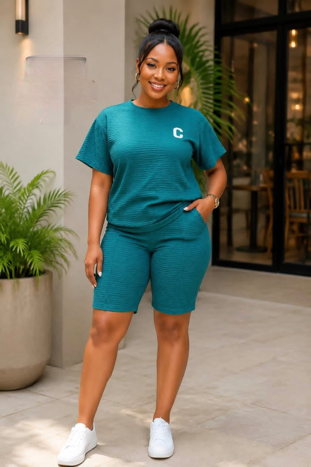Coordinated short-sleeve top and biker shorts set in textured fabric, featuring a relaxed fit and minimalist chest emblem.