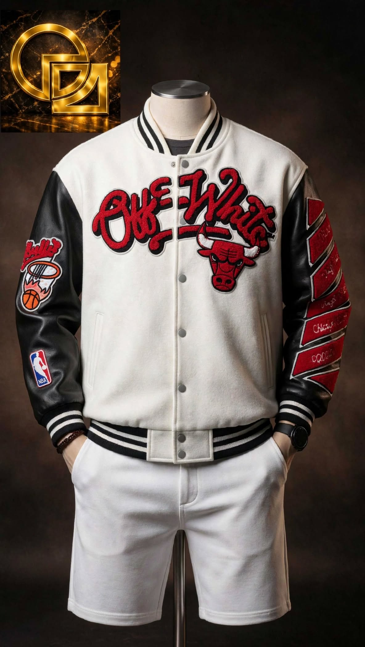 Bulls Colourblock Wool-Blend Varsity Letterman Jacket with Faux-Leather Sleeves