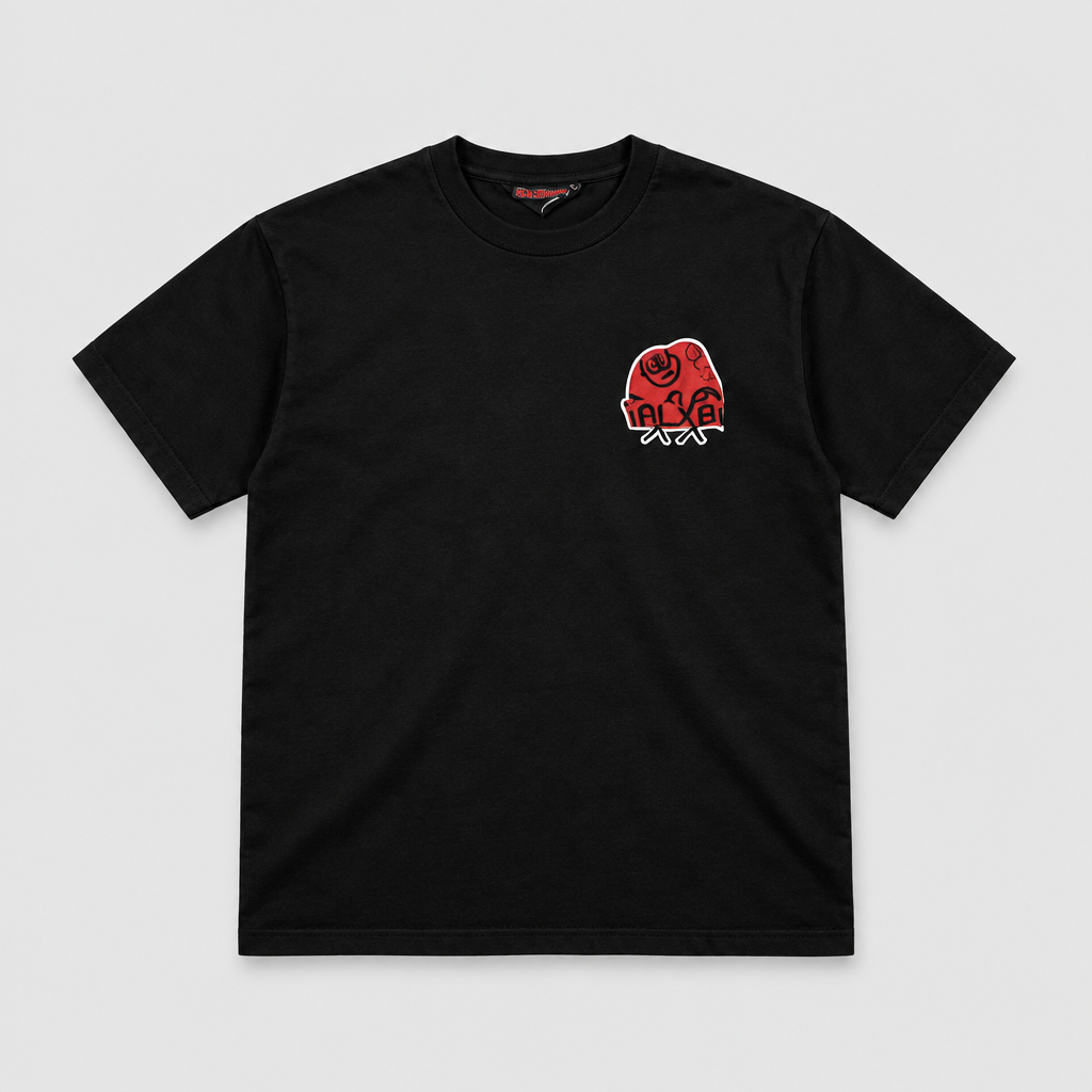 Galxboy Left-Chest Graphic Tee in black with a small red and black rose-inspired chest graphic and white die-cut outline