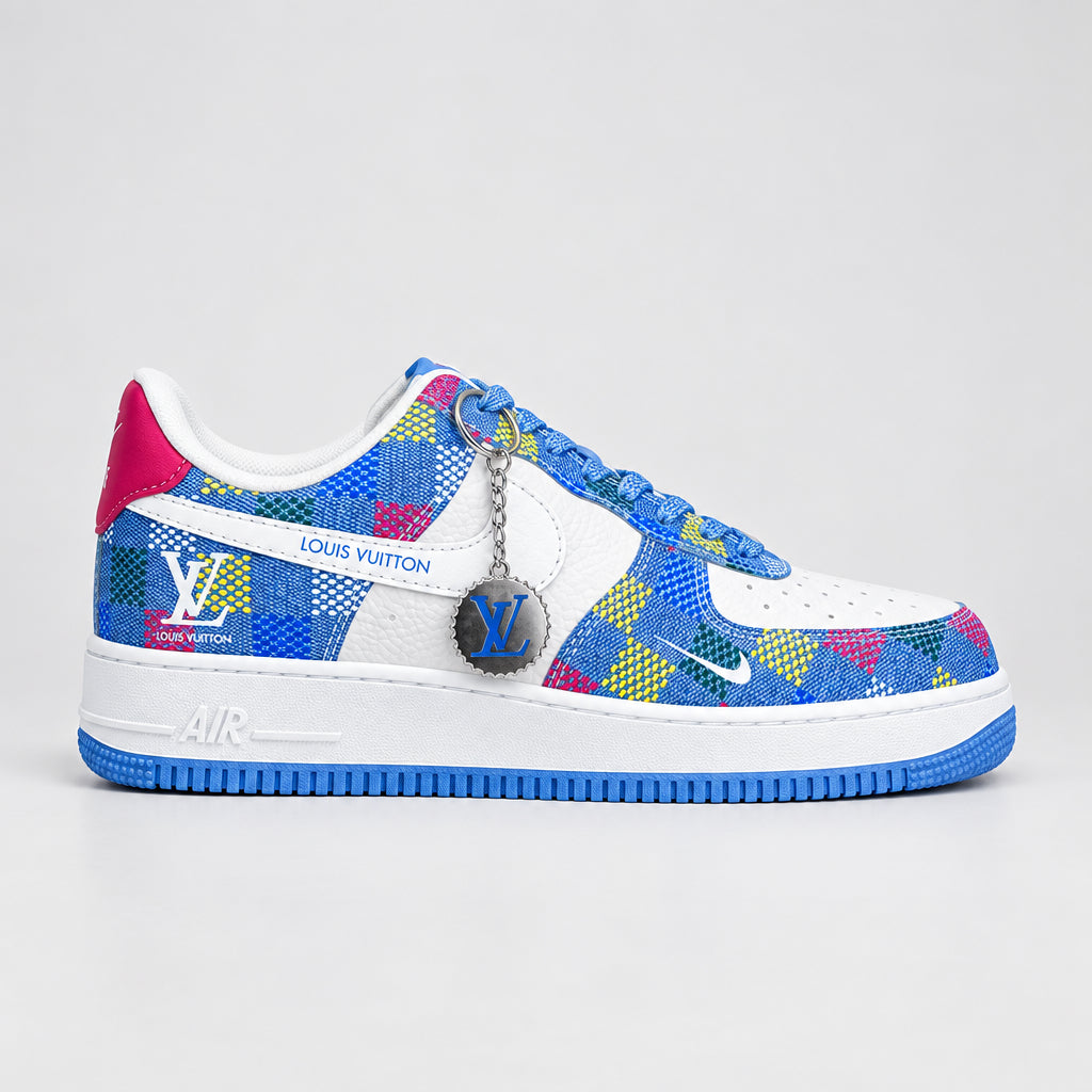 Nike Air Force 1 Low white and multicolour checkered denim sneakers with blue sole and light-blue laces.