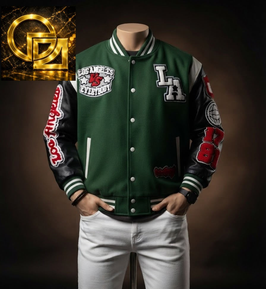 Los Angeles Wool-Blend Varsity Letterman Jacket with Faux-Leather Sleeves