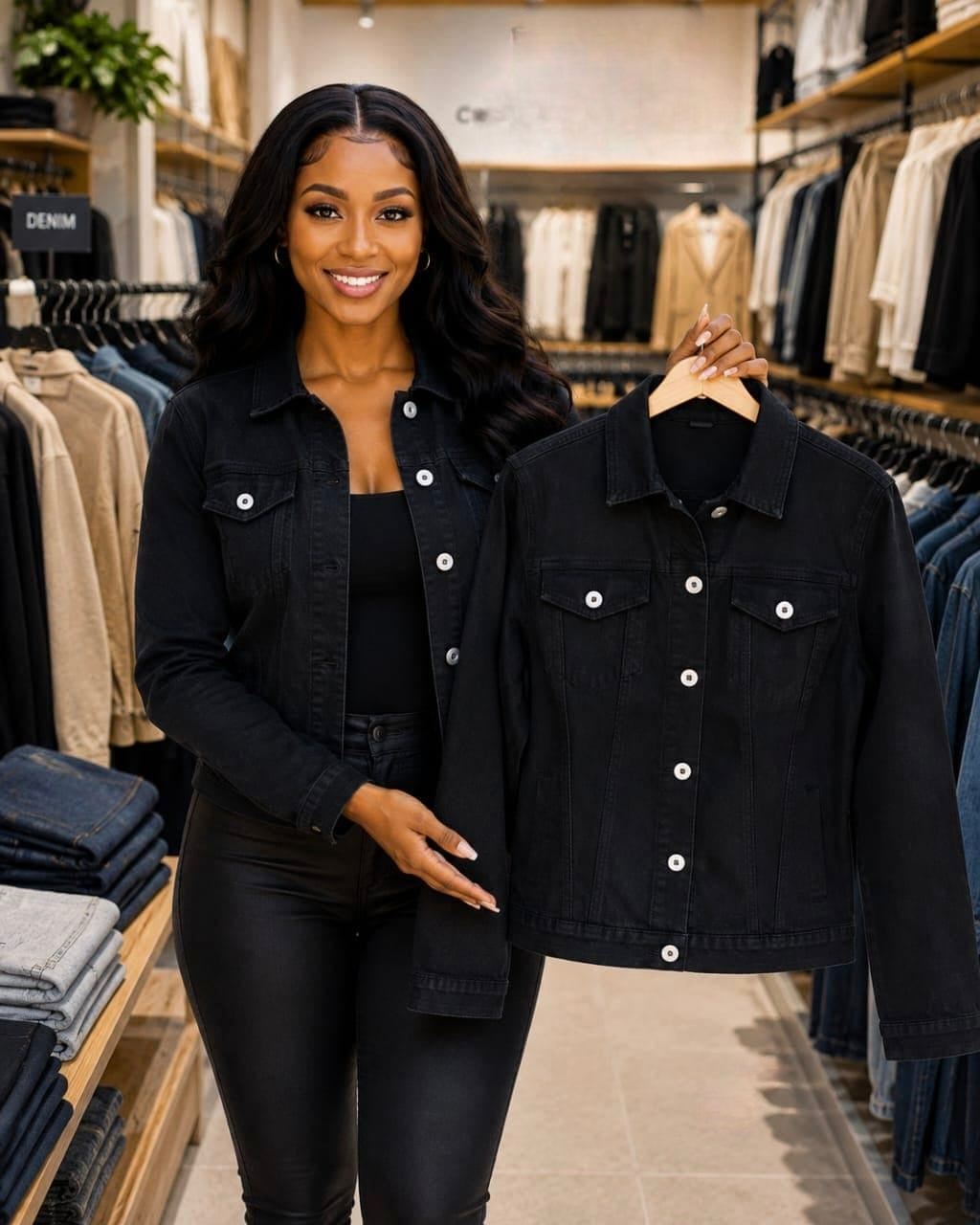 Woman holding a black denim jacket with a structured silhouette, front button closure, and flap chest pockets in a clothing store.