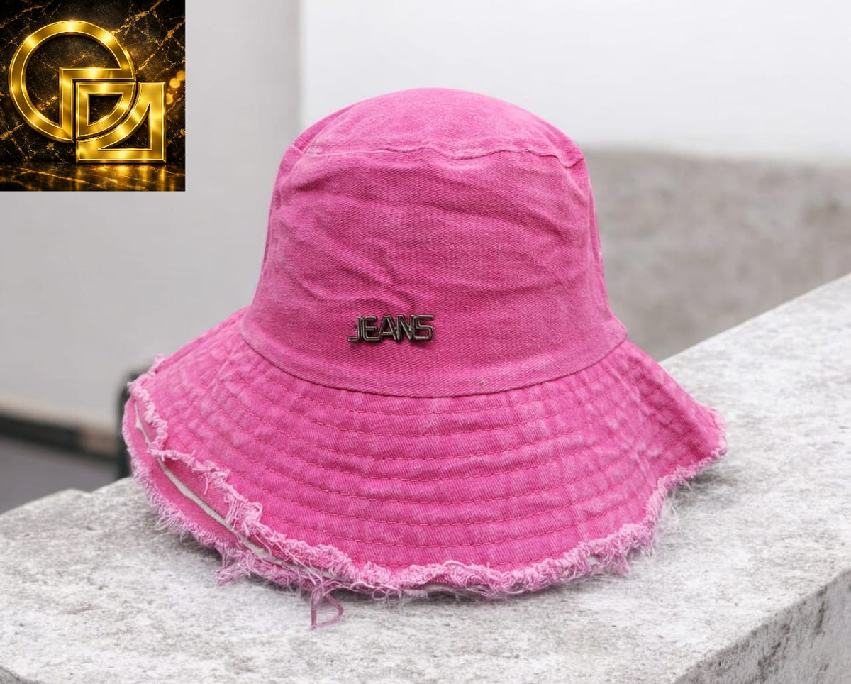 Unisex Vintage Frayed Bucket Hat with Metal Badge