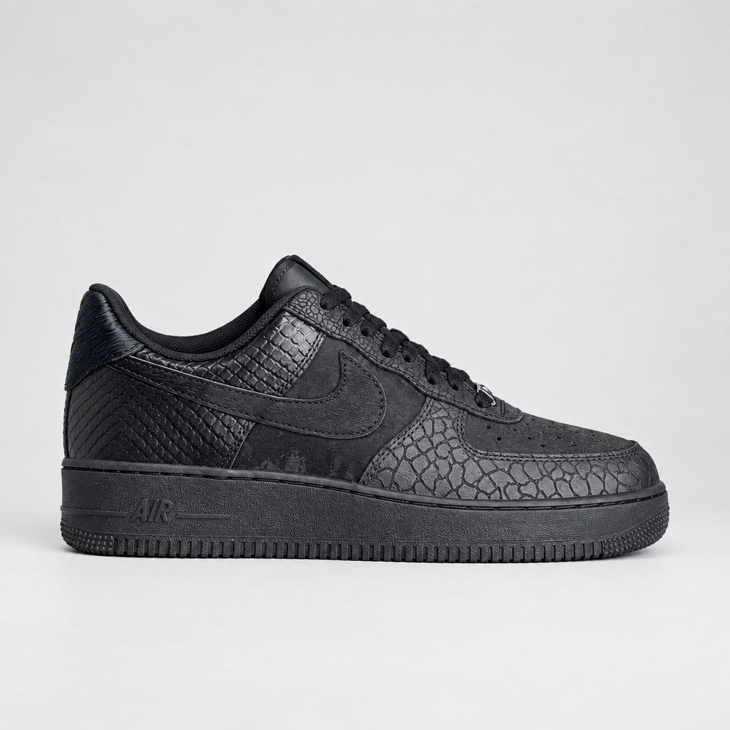 Nike Air Force 1 Low Triple Black Textured sneakers with snakeskin leather, cracked overlays and pony-hair Swoosh | Ovadue