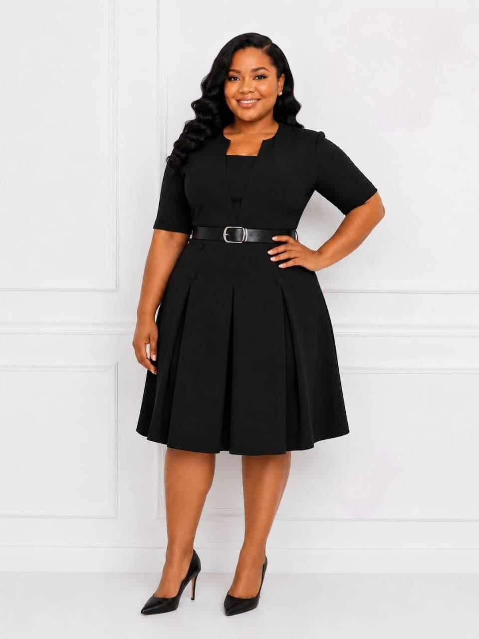 Black pleated midi dress with structured bodice, short sleeves, flared skirt, and sleek belt with metallic buckle.