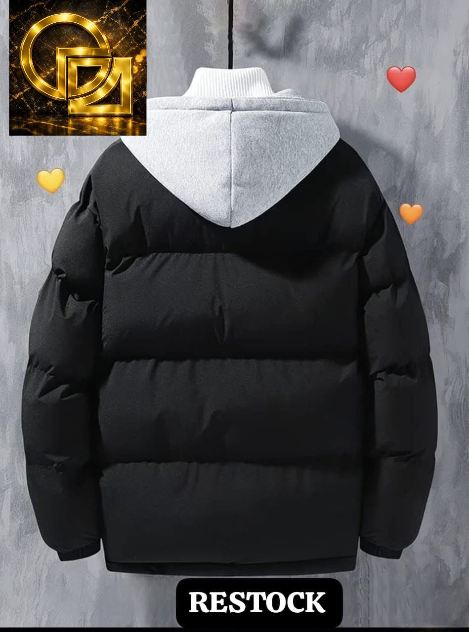 Men's Black Puffer Jacket with Grey Hood
